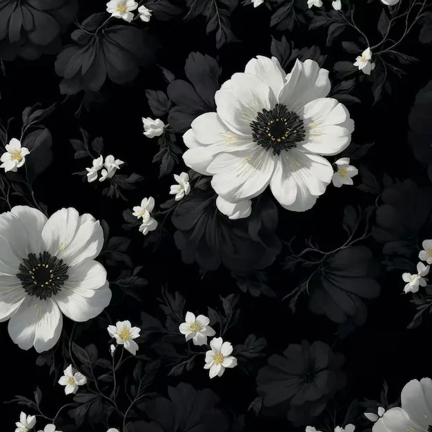 Large white anemones with black centres repeat over painted dark leaves, small five-petal blossoms filling the gaps between them.