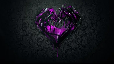 A faceted violet heart with torn metallic petals sits over dark damask patterning, lit from the upper left.