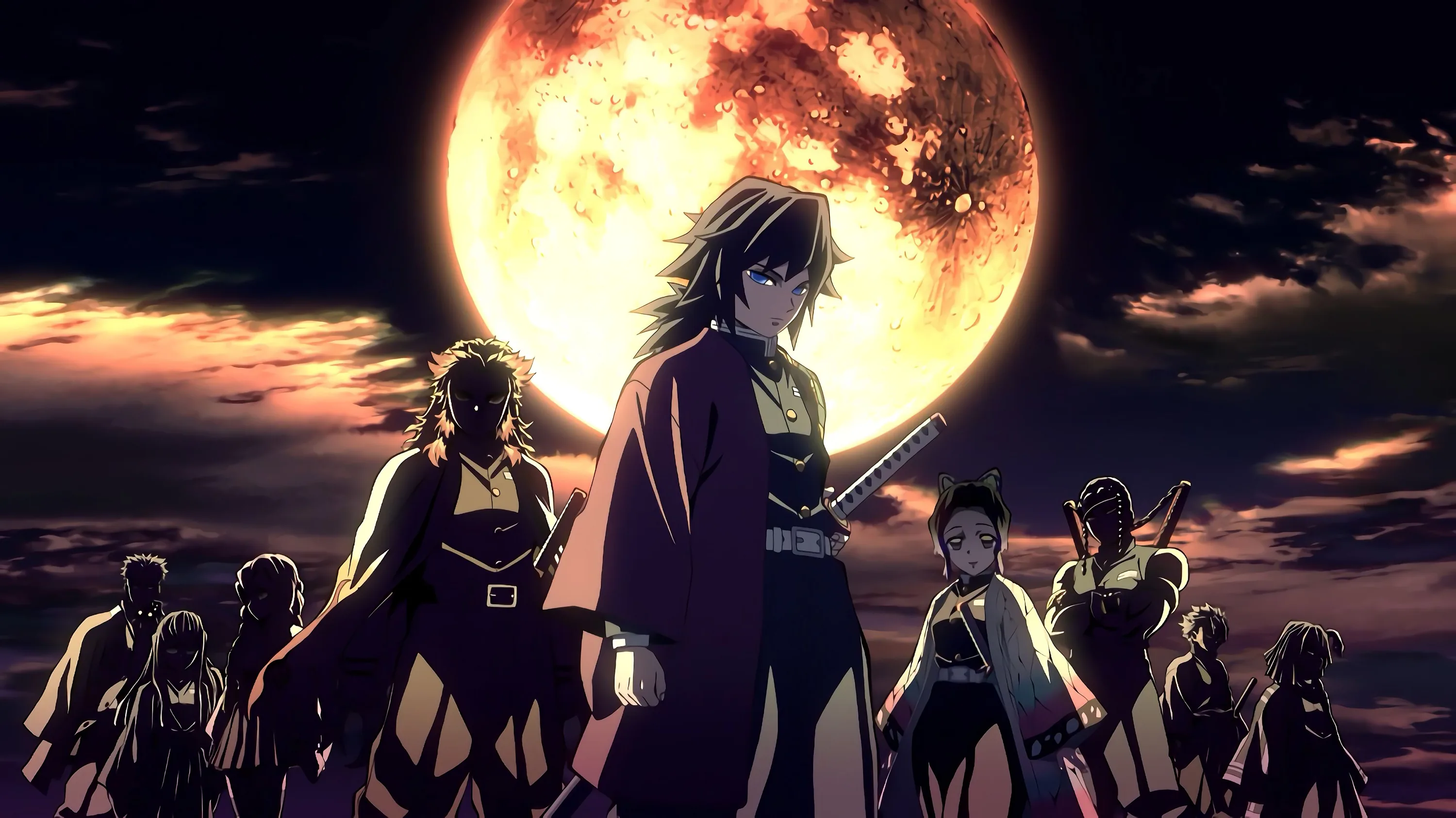 A swordsman leads a line of silhouetted figures across a ridge while a huge orange moon burns through night cloud behind them.