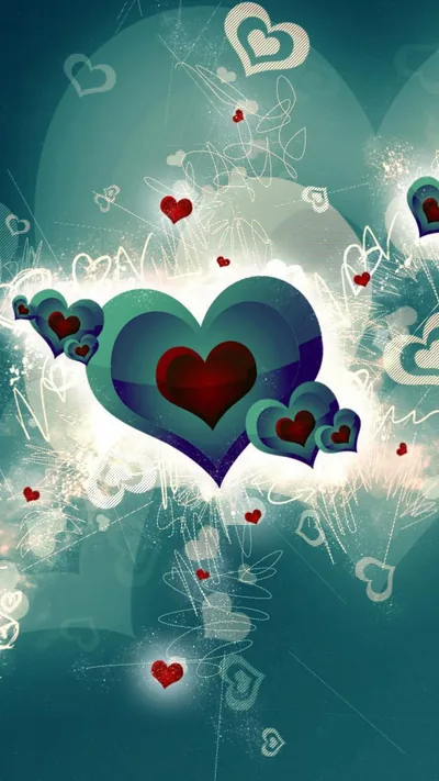 Concentric hearts in teal and deep red sit at the centre while smaller ones drift across a bright, scratched turquoise field.