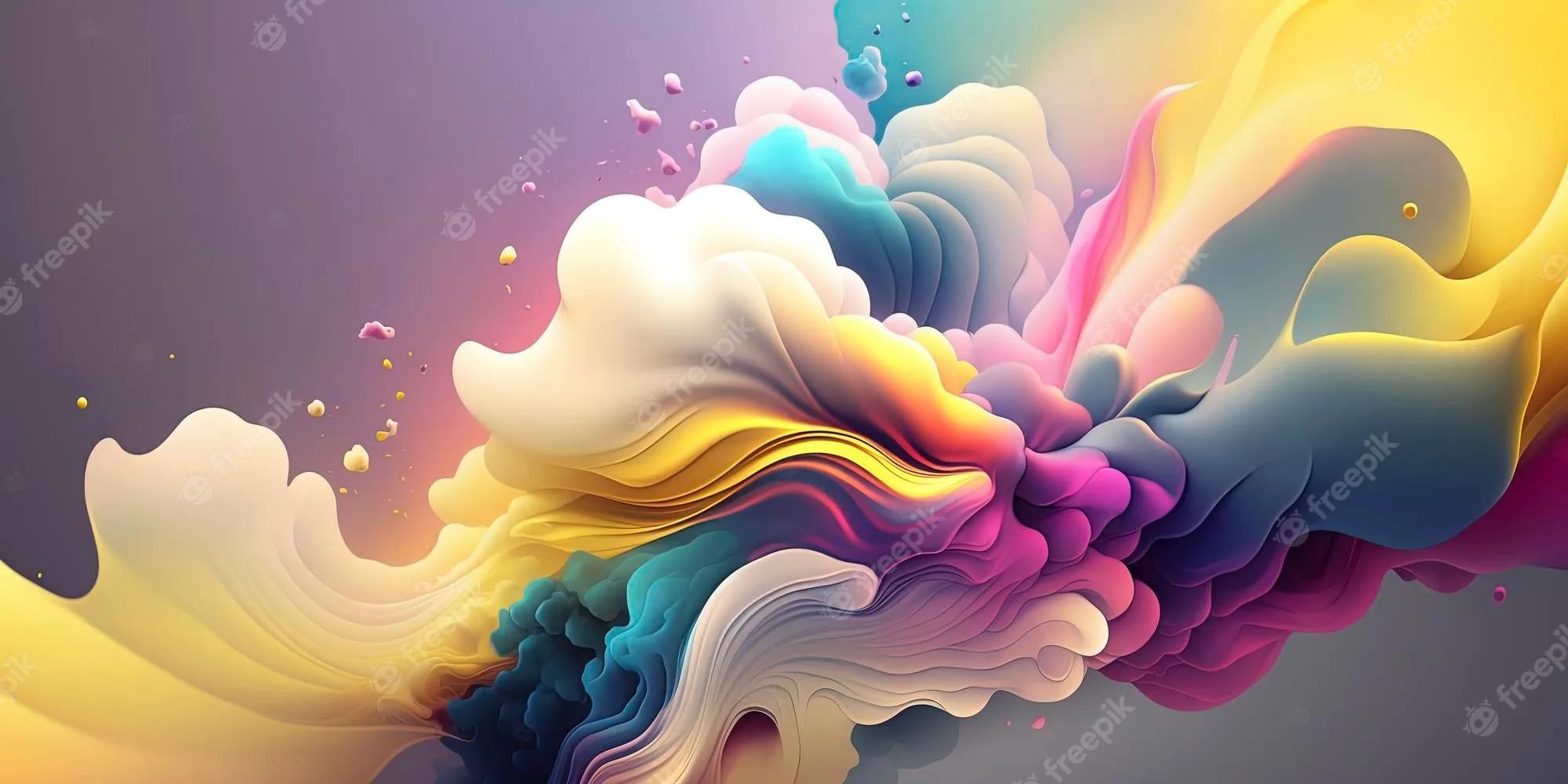 Whipped swirls of white, lemon, and rose cream tumble across a lilac-grey field, small droplets floating loose in the calm upper-left corner.