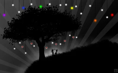 Coloured lanterns hang from the branches of a black tree on a hillside while two small figures dance beneath it, grey light rays fanning out behind.