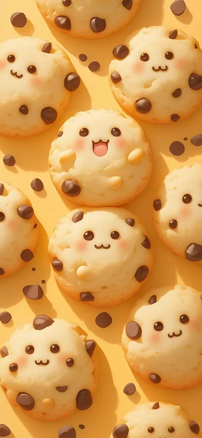 Chocolate chip cookies with sleepy and laughing faces line up in tidy rows across amber, the middle row in sharpest focus for a phone lock screen.