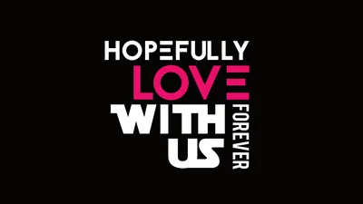 Bold condensed capitals stack into four lines, love picked out in pink and the word forever set vertically down the right edge of a black field.