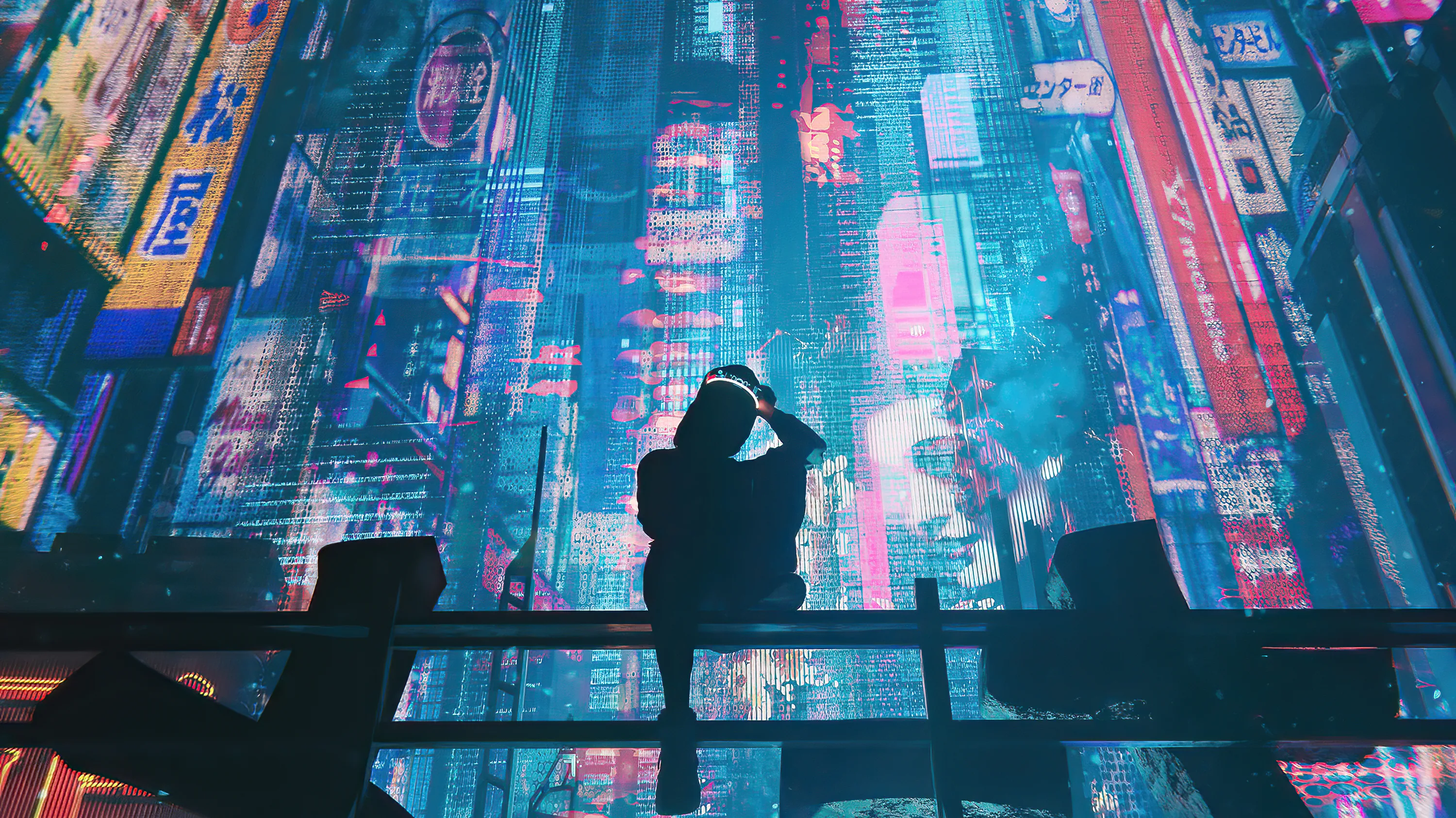 A figure sits on a rooftop railing above a canyon of glowing billboards and towers, the dark ledge at the bottom keeping a taskbar readable.