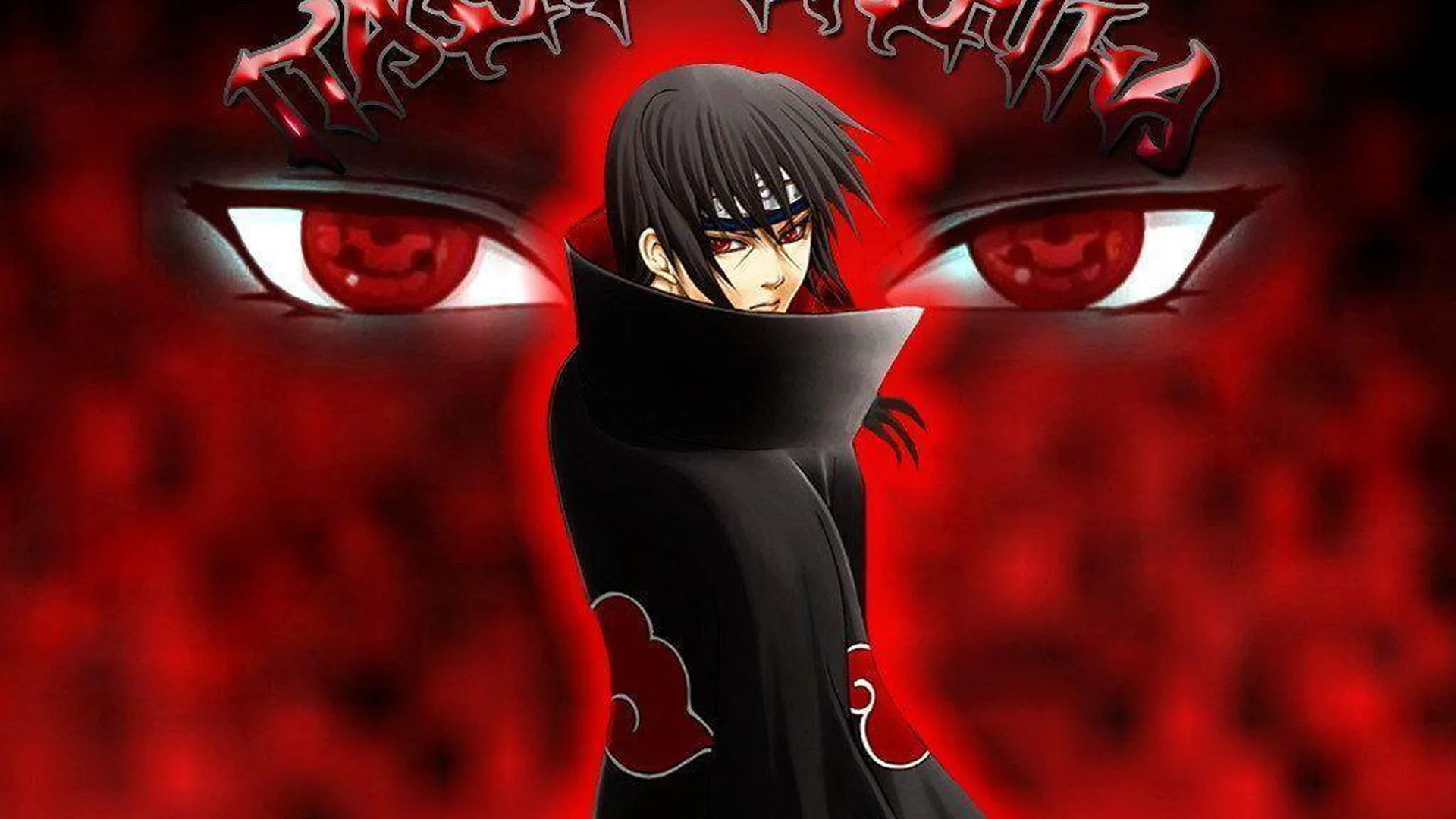 A dark-haired figure in a red-cloud cloak stands in front of a pair of huge red eyes filling the crimson background.