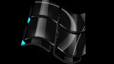 The four-pane Windows mark rendered as dark glass, with a cyan glow leaking from two corners.