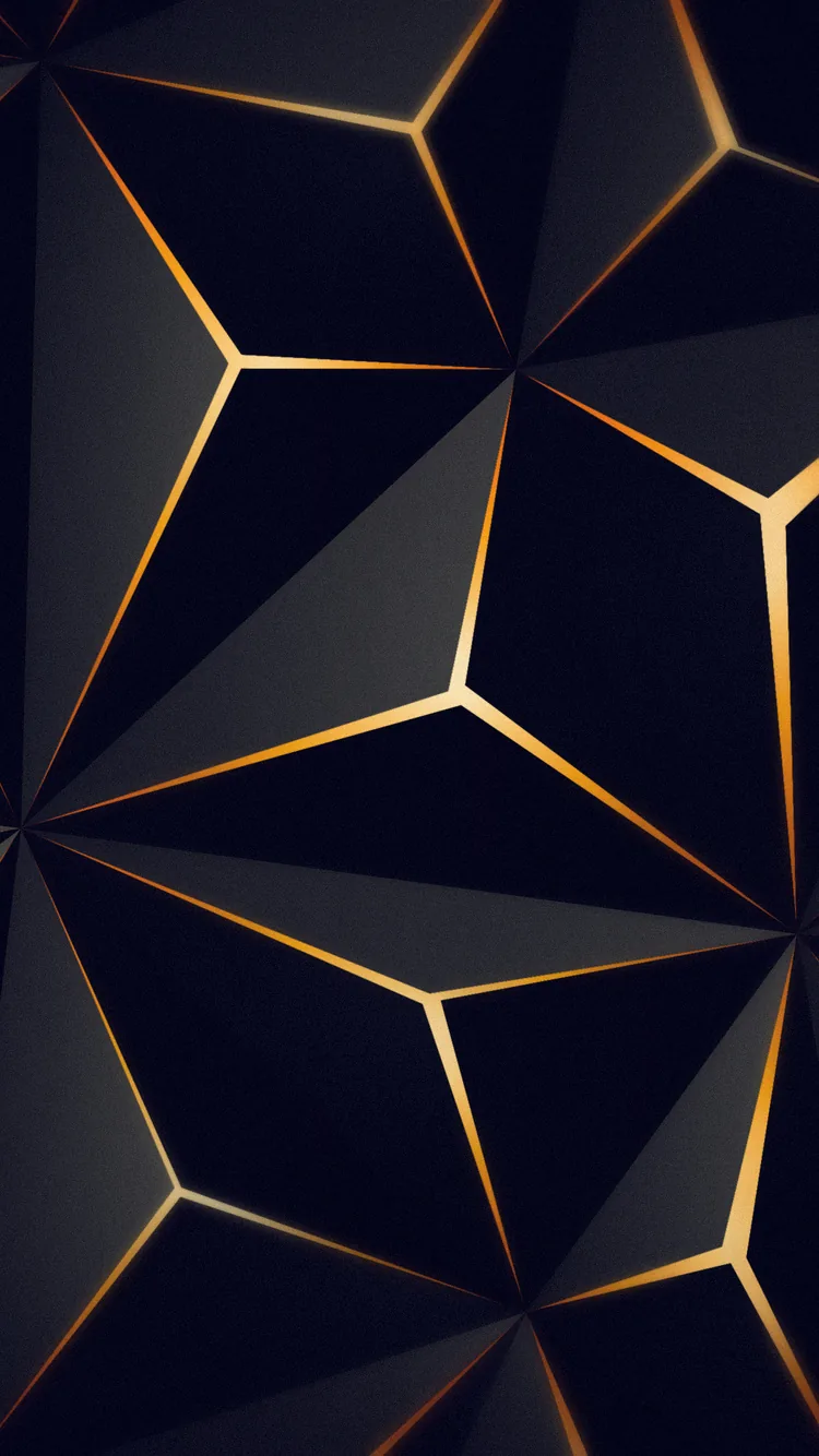 Deep navy facets stack up a tall frame with thin gold lines tracing every edge, brightest where three panels meet near the top.