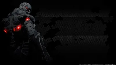 A heavy armoured cyborg stands at the far left with two red optical lenses burning, the rest of the frame a dark hexagonal carbon panel.