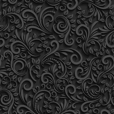 Leaves, curls and beaded lines tile seamlessly in raised grey on charcoal, the relief shallow enough that the whole square stays dark.