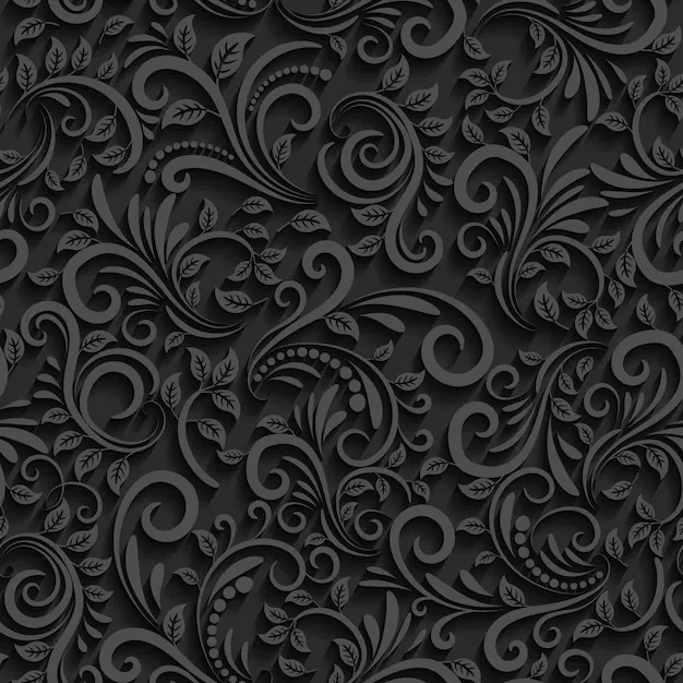 Leaves, curls and beaded lines tile seamlessly in raised grey on charcoal, the relief shallow enough that the whole square stays dark.