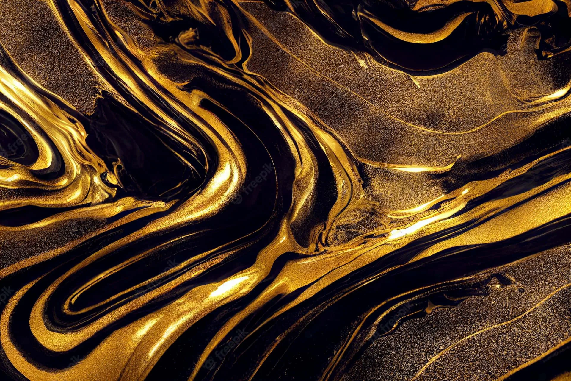 Veins of molten gold snake through near-black stone in loose S-curves, the grainy dark ground keeping most of the frame subdued.