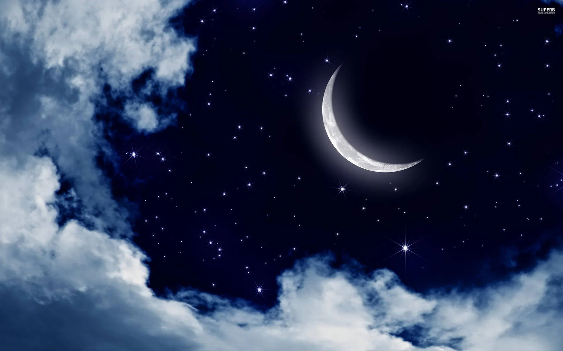 A detailed crescent moon sits among silver-edged clouds on a navy star-dotted sky, placed just left of the top centre.