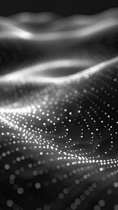 A wave of small white dots rolls across the lower half in monochrome, brightest along the crest and dissolving into black toward the top corners.