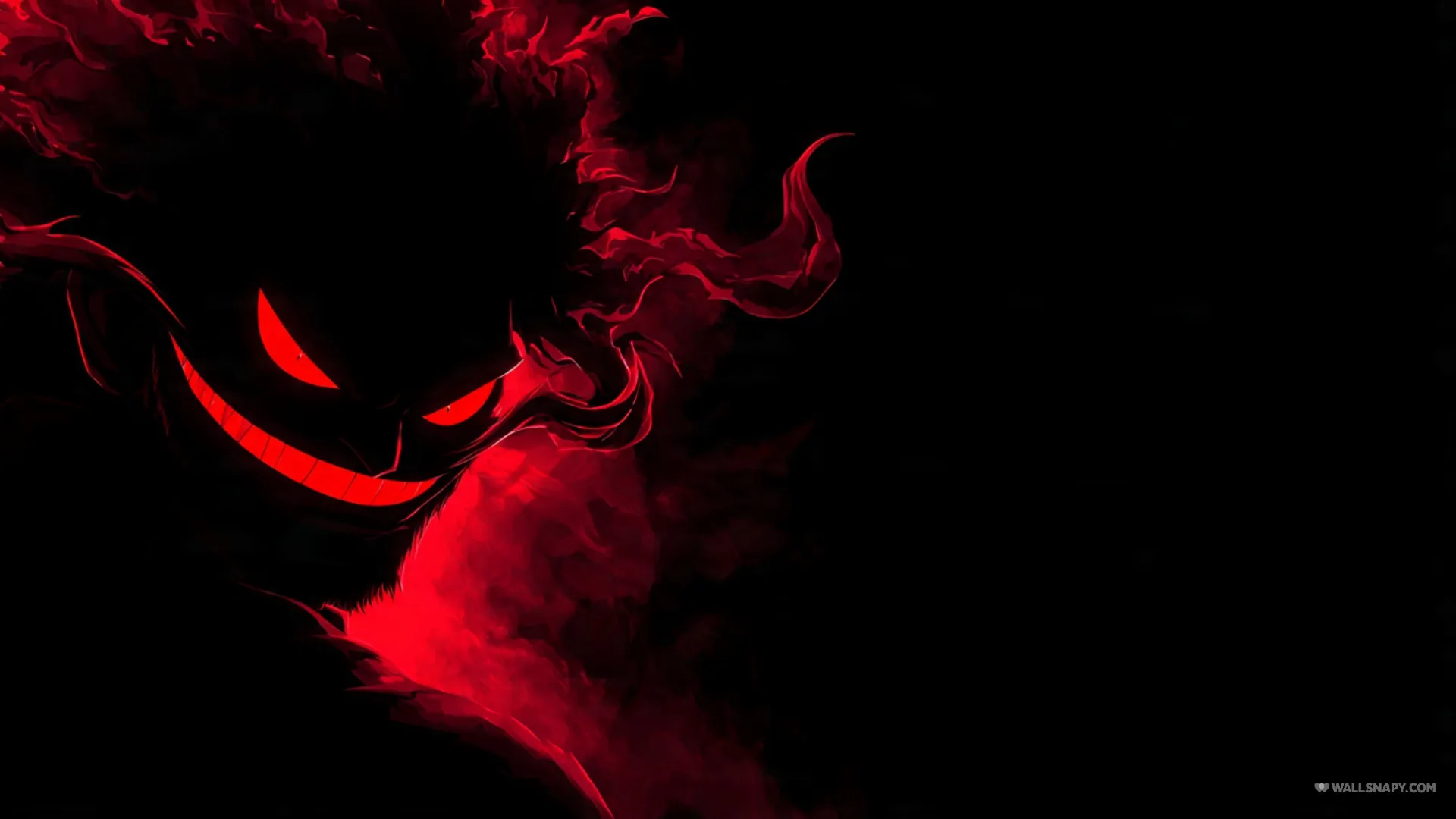 A grinning face forms out of red smoke on the left of the frame, the trails thinning as they cross the middle.