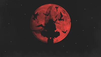 A cloaked figure stands inside a crimson full moon while crows scatter across its face, the rest of the frame flat black for OLED screens.