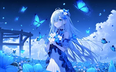 A silver-haired girl holds white lilies among glowing blue flowers and butterflies, the deep night sky above her left mostly clear for widgets.