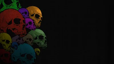 A cluster of flat-illustrated skulls in green, orange, red and teal crowds the left edge, the rest of the frame kept clear.
