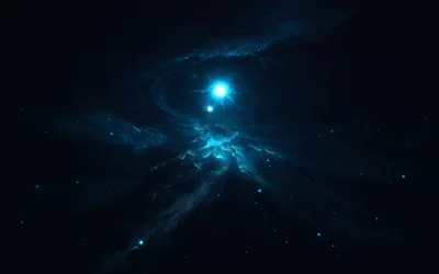 One bright star burns near the top of a wide dark frame, with dim blue gas spreading beneath it like haze over water.