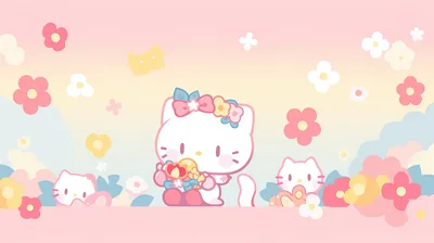 Hello Kitty holds a posy at centre while two white kittens flank her, the pale peach-to-pink sky band above so light that dark widgets read best.