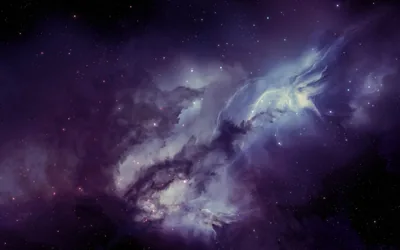 Purple cloud banks fill the lower left while an icy blue swirl brightens the upper right, small stars scattered across the whole violet field.