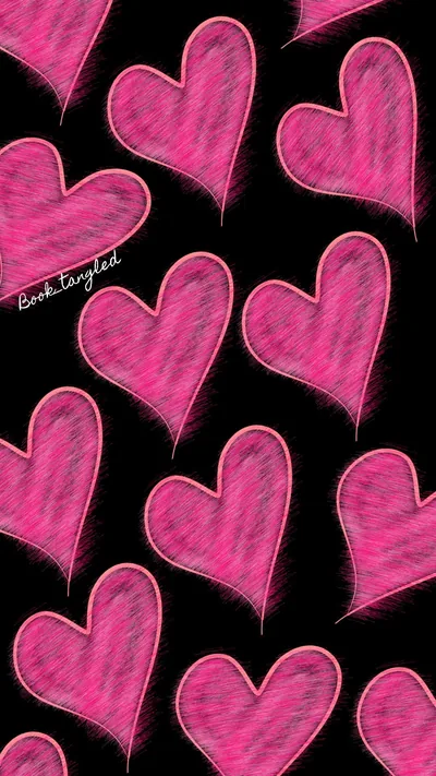 Scribbled pink hearts in crayon-like strokes scattered across flat black, each one drawn with a rough open outline.