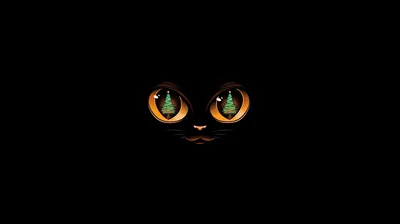 Two orange eyes float in darkness with a pine treeline mirrored in each iris, the nose and mouth suggested by the faintest grey lines.