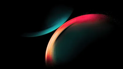 Two soft curved shapes cross on solid black, one teal and one warm red, their edges breaking into fine grain along the top.