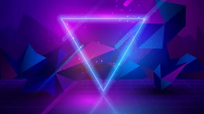A glowing triangle hangs in front of faceted blue and purple shapes, its reflection stretching down the dark floor below.