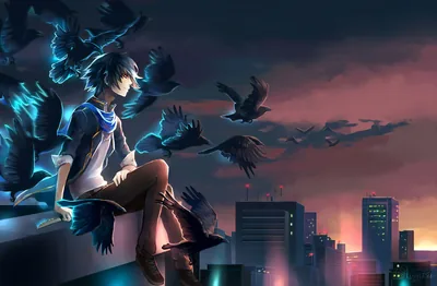 Black birds wheel around a boy seated on a high rooftop ledge at dusk, blue wisps trailing off his back, the city lights kept to the lower right.