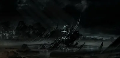 A broken tower stands in a storm-lit landscape, rain streaking down and the ground reduced to wet shadow.