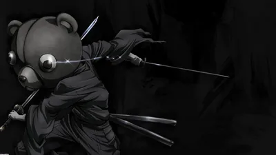 A figure in a round bear mask holds four blades between gloved fingers, lit low against a smoky grey-black backdrop.