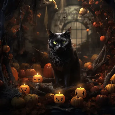 A green-eyed black cat sits among stacked pumpkins and small glowing lanterns before an arched window, orange leaves crowding the whole square frame.