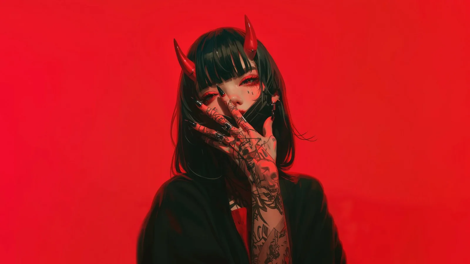 Curved horns and a tattooed forearm against a flat red backdrop, her face half hidden behind a black mask and blunt fringe.