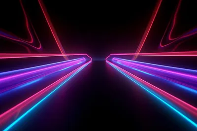 Blue and pink beams run toward a vanishing point at the centre, their reflections doubling on a dark glossy floor.