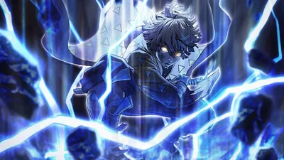 Blue bolts tear diagonally across the frame as a hunched figure grips his sword in the centre, everything else sunk into dark blue.
