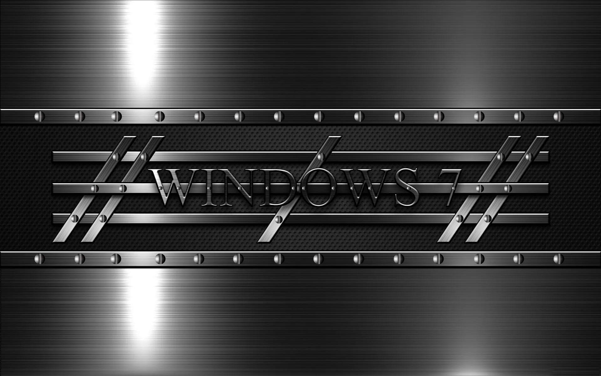 The Windows 7 name is stamped across riveted metal plates, the brushed surface catching light at the top and bottom.