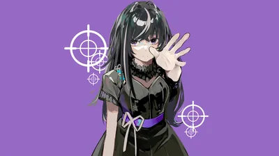 A flat lavender background with white crosshair symbols behind a girl in a green-black dress, one hand raised to half-cover her face.