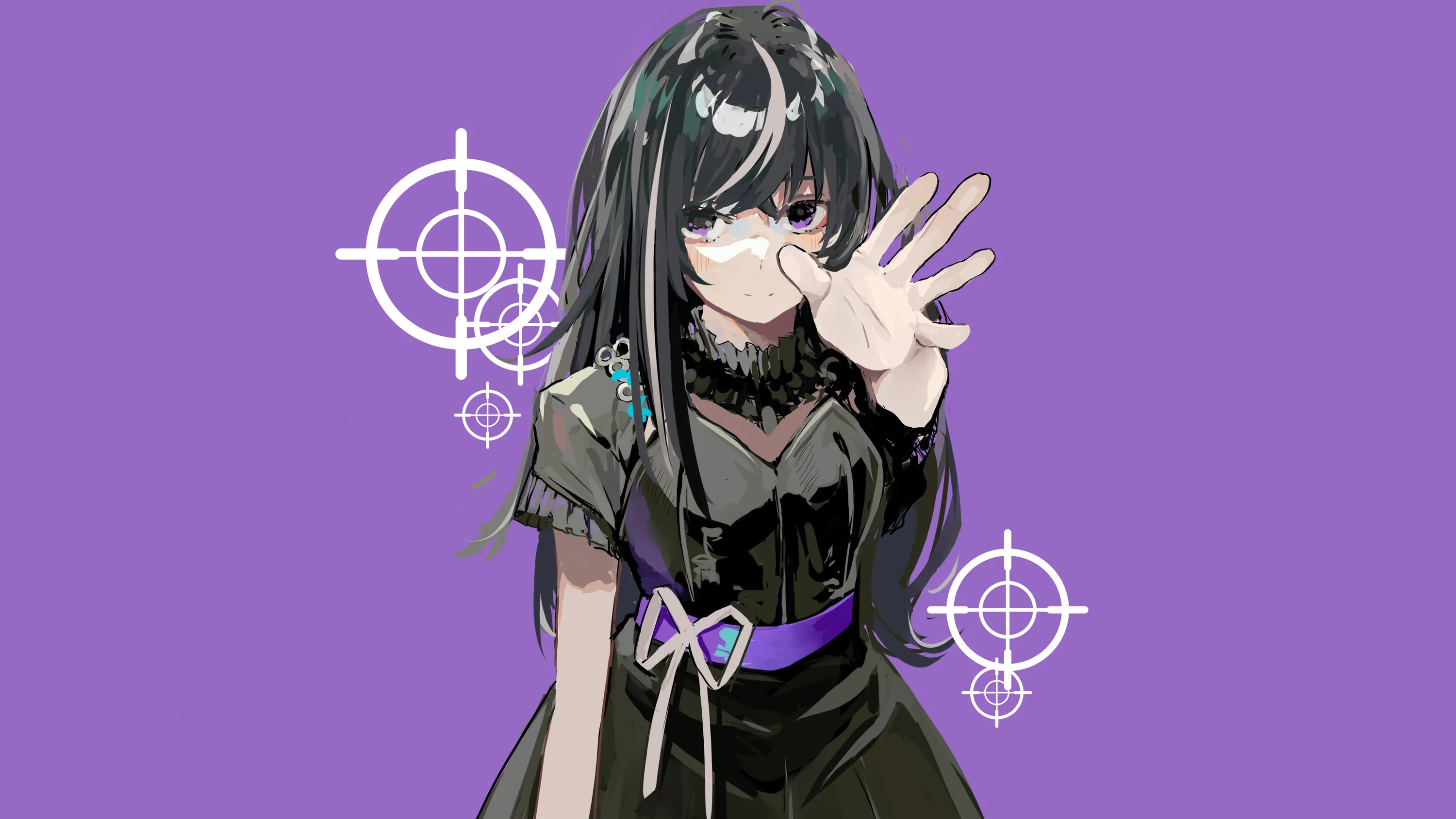 A flat lavender background with white crosshair symbols behind a girl in a green-black dress, one hand raised to half-cover her face.