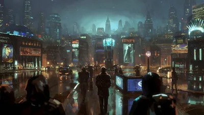 Silhouetted pedestrians file down a wet avenue between glowing shopfronts, the distant towers fading into haze so the upper corners stay muted and dark.