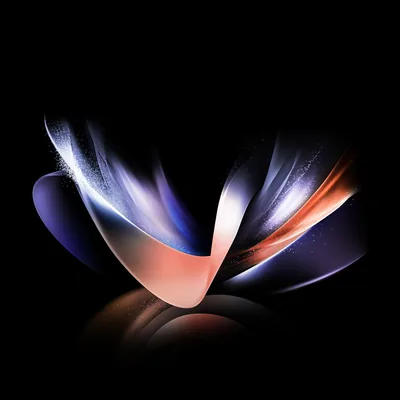 Curved metallic blades in silver, violet and copper open like wings at centre, a faint reflection below and every corner in true black.