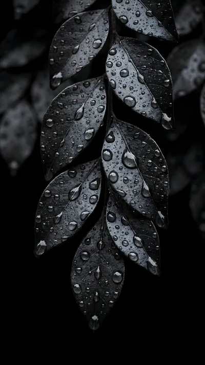 Beads of rain sit across a sprig of near-black foliage, each drop holding a pinpoint of light against the unlit background behind.