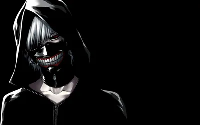 A hooded ghoul mask with a zipped grin catches a sliver of light, the rest of the hood and jacket lost in flat black.