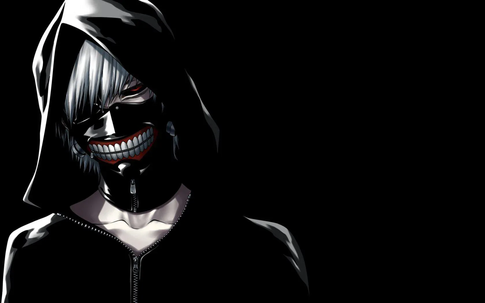A hooded ghoul mask with a zipped grin catches a sliver of light, the rest of the hood and jacket lost in flat black.