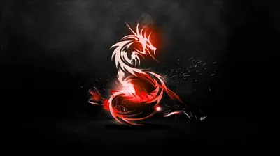 A coiled dragon drawn in red and white brushstrokes rears up out of smoke, the background left dark and flat.
