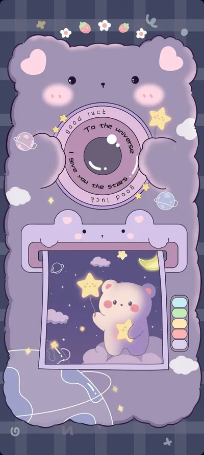 A plum bear shaped camera prints a photo of a bear holding a star, and the dark purple ground keeps a white clock easy to read.