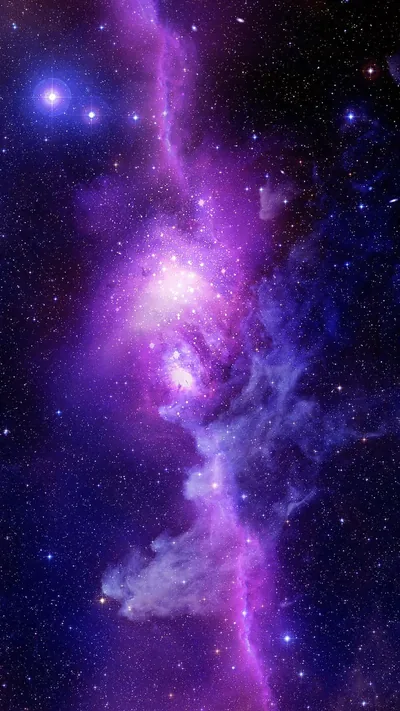 A column of violet nebula gas climbs the frame between scattered stars, one bright blue star flaring near the top left corner.