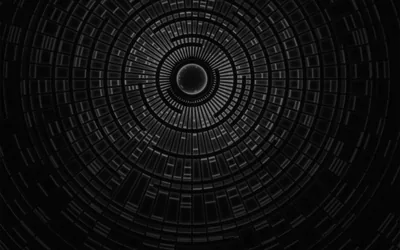 Concentric rings of small blocks and panels radiate from a single lit point at the centre of a black field.