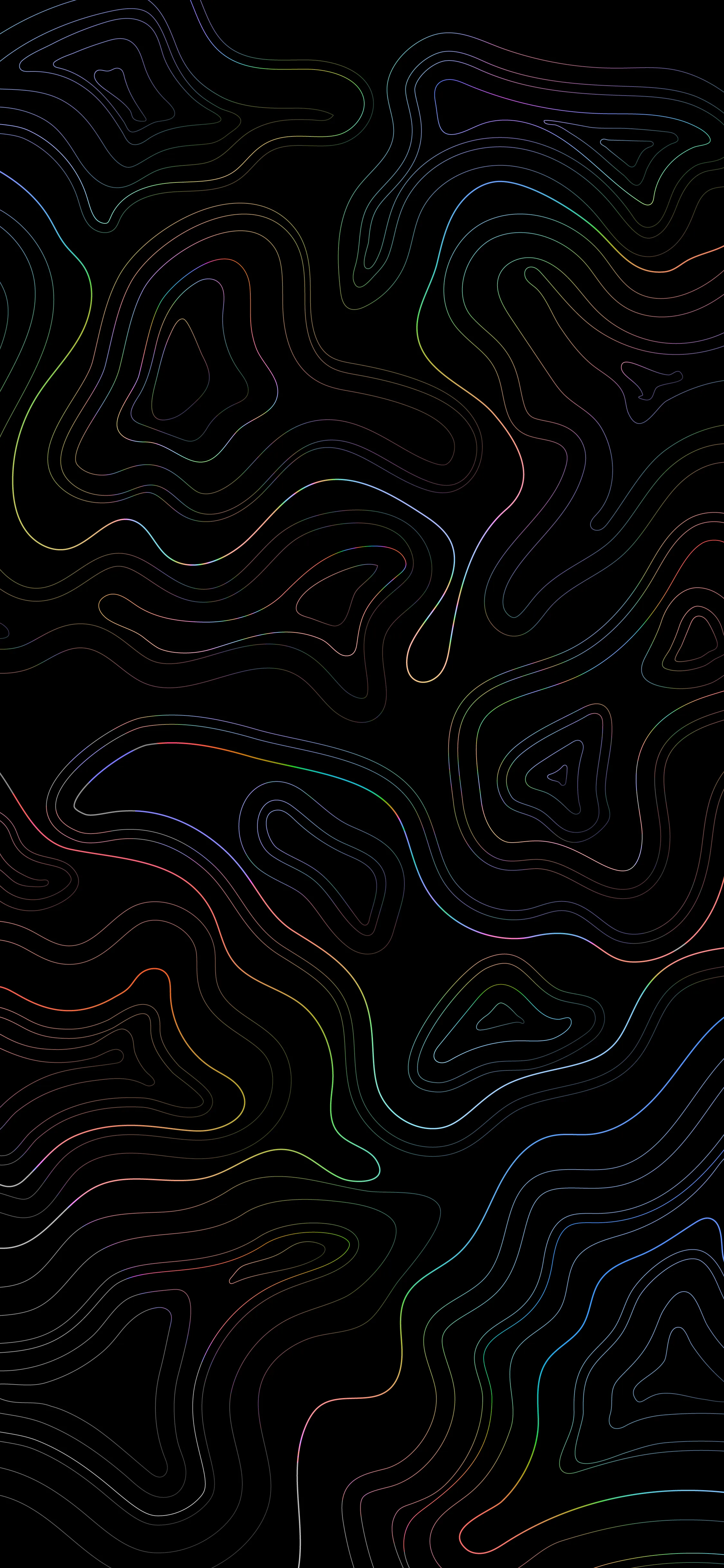 Thin contour rings loop around each other like a map of hills, a trace of red and blue picked up where the lines double back.