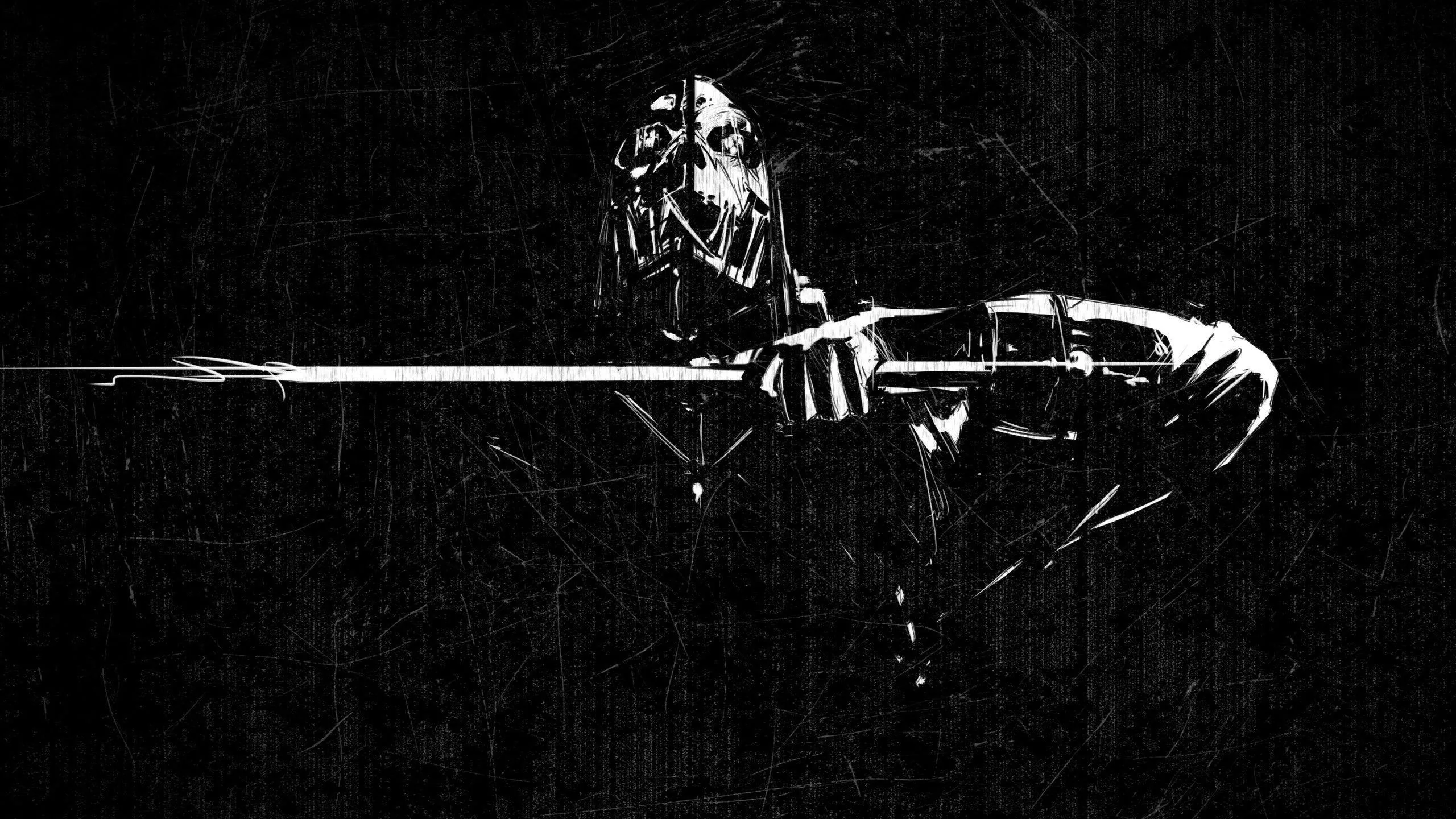 A masked figure draws a crossbow in stark white against a heavily scratched black background.